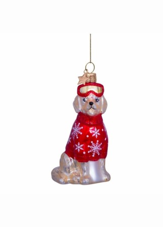 Vondels Julepynt glass blond golden Retriever m/rødt ski antrekk