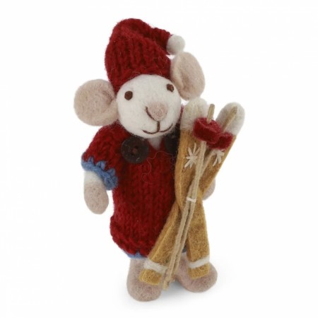 Small White Girly Mouse w/Red Dress & Ski